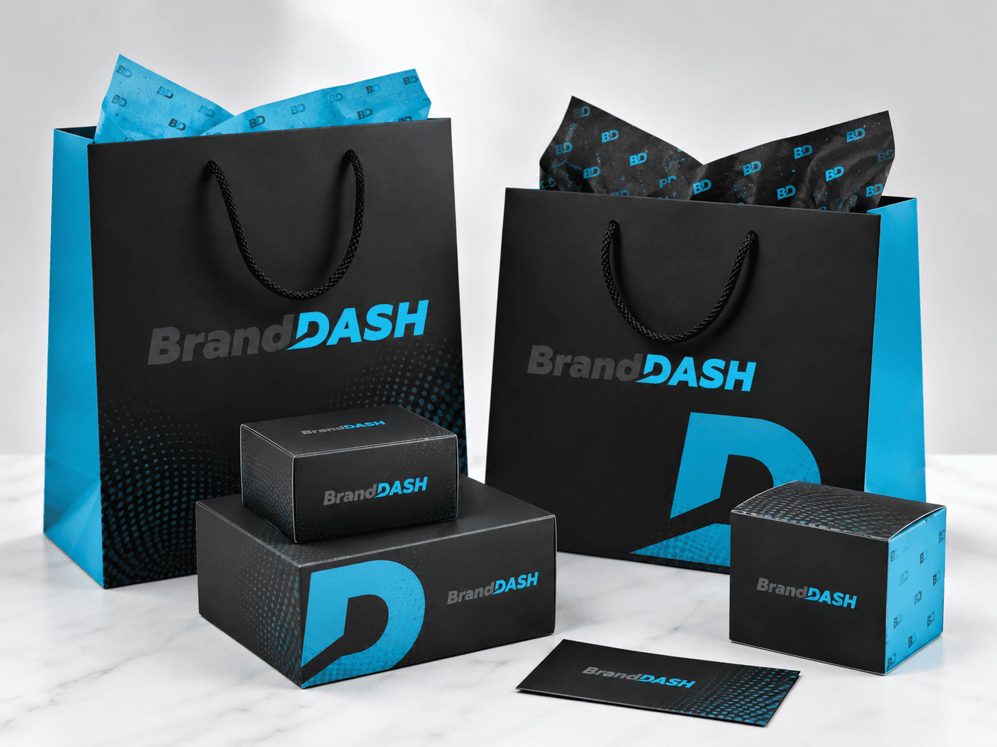 Black and cyan BrandDash retail paper bags and branded product boxes
